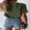PRETTYGARDEN Women's Short Sleeve Casual T Shirts Summer Ruffle Plain Round Neck Loose Fit Tee Blouse Tops (Army Green,L) view 3