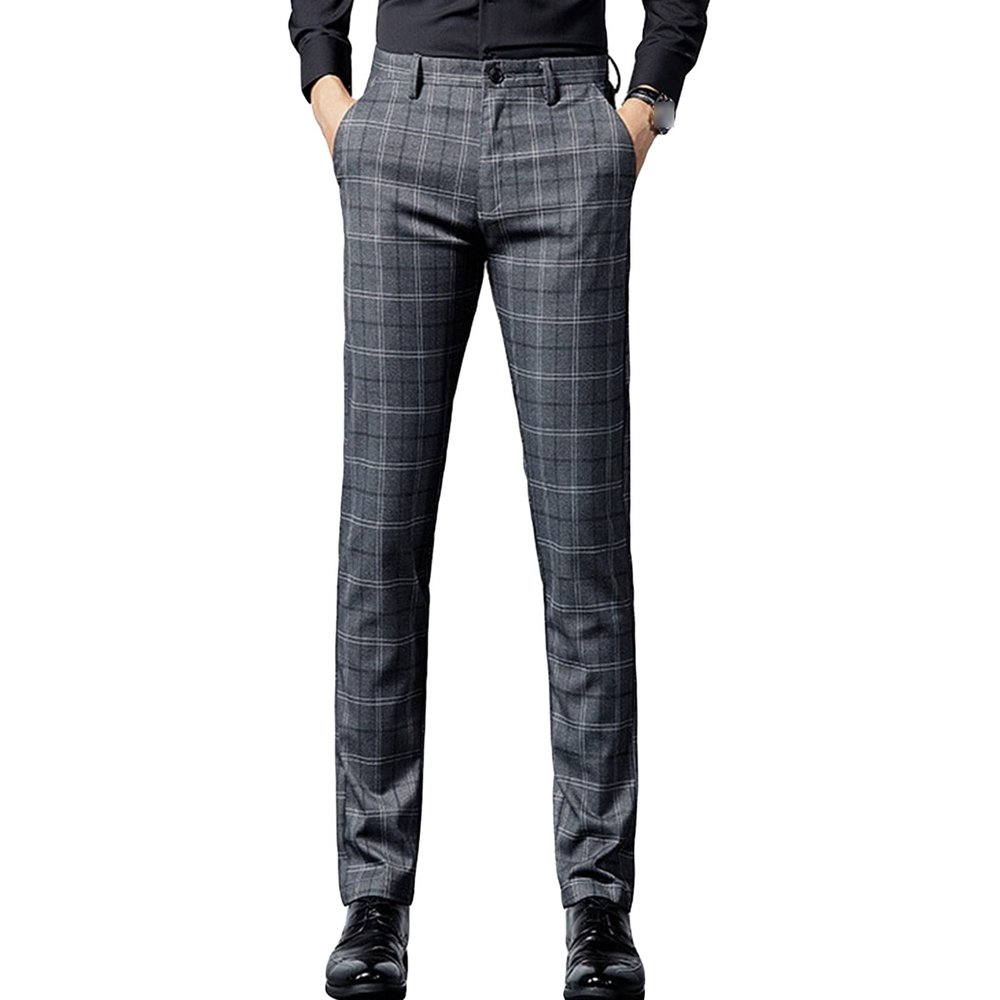 Men's Plaid Business Comfort Pant Casual Straight Fit Tapered Suit Pant Classic Lightweight Wedding Trousers (Grey,30)