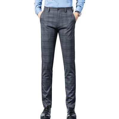 Men's Plaid Business Comfort Pant Casual Straight Fit Tapered Suit Pant Classic Lightweight Wedding Trousers (Dark Grey,31)