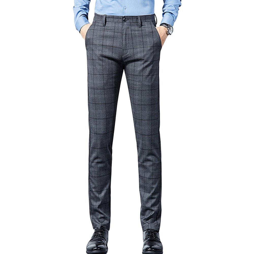 Men's Plaid Business Comfort Pant Casual Straight Fit Tapered Suit Pant Classic Lightweight Wedding Trousers (Dark Grey,31)