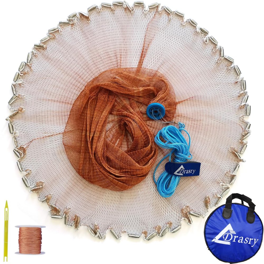 Drasry Saltwater American Fishing Cast Net 3/8inch Mesh Size for Bait Shrimp Trap Fish Heavy Duty Sinkers Throw Net 3FT to 12FT Radius Tire Lines 8FT Radius
