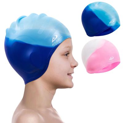 2 Pack Kids Swim Caps for Boys Girls, Durable Silicone Swimming Cap with 3D Ear Pockets for Age 3-15 Toddler Child Youth Teen, Unisex Swim Bath Hats for Short/Long Hair with Ear Plugs Nose Clip-5