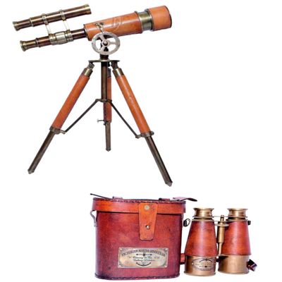 Victorian Marine Table Decorative Telescope Vintage Gift Functional Instrument with Antique Marine Brass Leather Binocular 1915 (Combo)