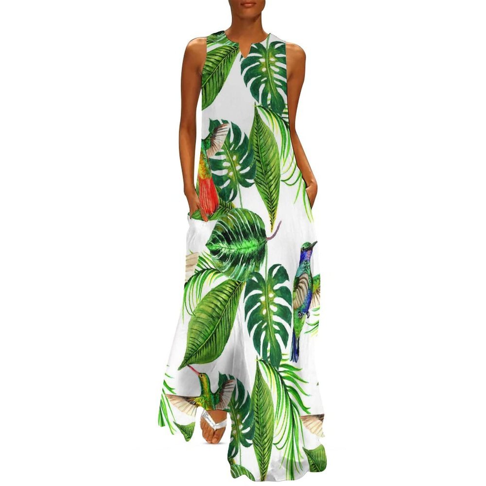 Tropical Hawaii Leaves Palm Tree Women's Sleeveless Dresses Casual Maxi Long Dress Tank Dress Beach Dress M
