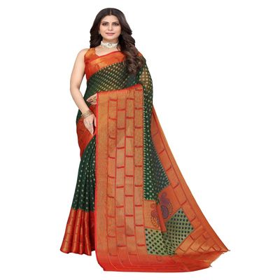 IMTRA FASHION Indian Ethnic Chiffon Woven Saree with Unstitched Blouse Piece-Green