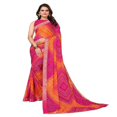 IMTRA FASHION Women's Indian Bandhani Printed Sari Georgette with Lace Work Saree-Pink