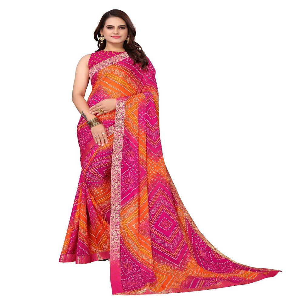 IMTRA FASHION Women's Indian Bandhani Printed Sari Georgette with Lace Work Saree-Pink
