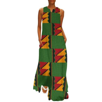African Kente Print Women's Sleeveless Dresses Casual Maxi Long Dress Tank Dress Beach Dress L