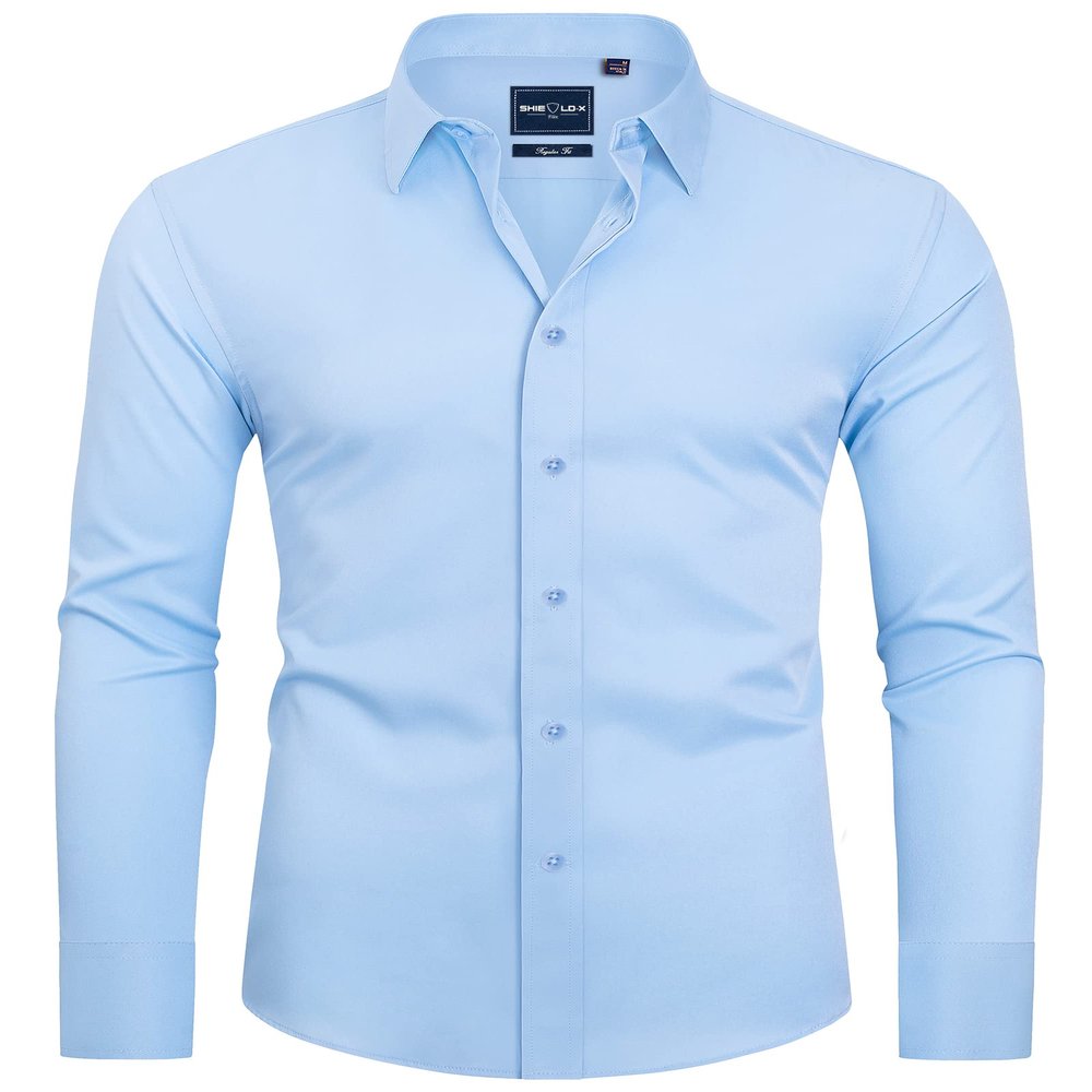 Alimens & Gentle Men's Sky Blue Dress Shirt Slim Fit Long Sleeve Stain Shield Button Down Shirts Wedding Graduation M