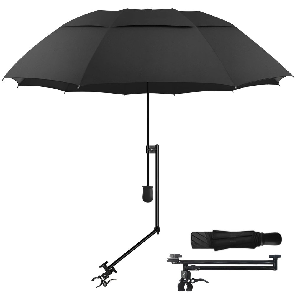 HOBVO UPF 50+ Golf Umbrella with Adjustable Universal Clamp Portable Umbrellas for Rain, Manual Open & Close, for Beach Chair, Golf Cart, Stroller, Bleacher, Patio (Black, 49.2")