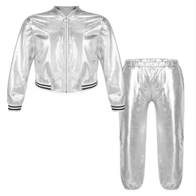 YEAHDOR Girls Boy Hip Hop Street Dance Clothes Shiny Metallic Long Sleeves Bomber Jacket and High Waist Pants Set Silver 8 Years