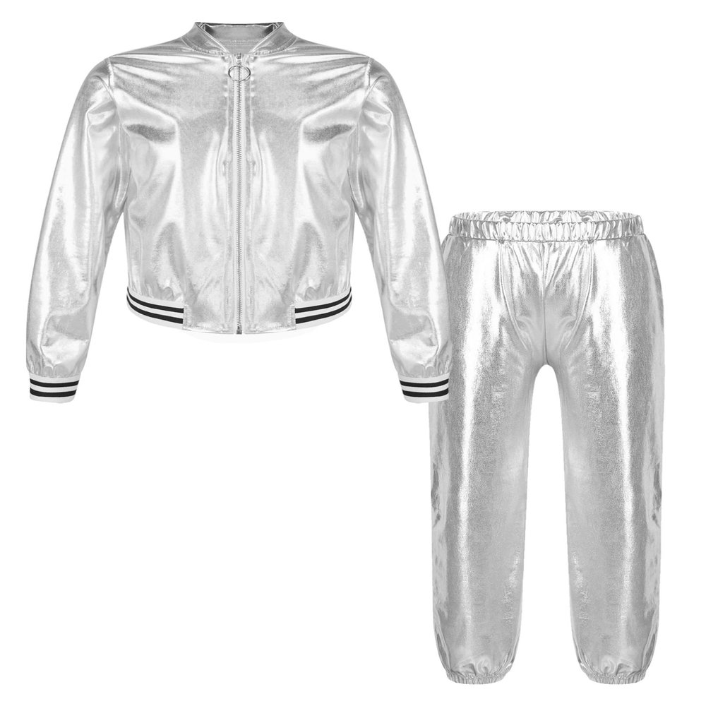 YEAHDOR Girls Boy Hip Hop Street Dance Clothes Shiny Metallic Long Sleeves Bomber Jacket and High Waist Pants Set Silver 8 Years