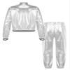 YEAHDOR Girls Boy Hip Hop Street Dance Clothes Shiny Metallic Long Sleeves Bomber Jacket and High Waist Pants Set Silver 8 Years view 2
