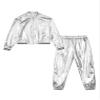 YEAHDOR Girls Boy Hip Hop Street Dance Clothes Shiny Metallic Long Sleeves Bomber Jacket and High Waist Pants Set Silver 8 Years view 3