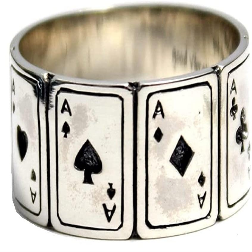 COSUMOSU Poker Cards Ring  925 Sterling Silver Heart Diamond Club Spade Wide Band Unisex Ring for Men and Women Size 8 Unique Gift