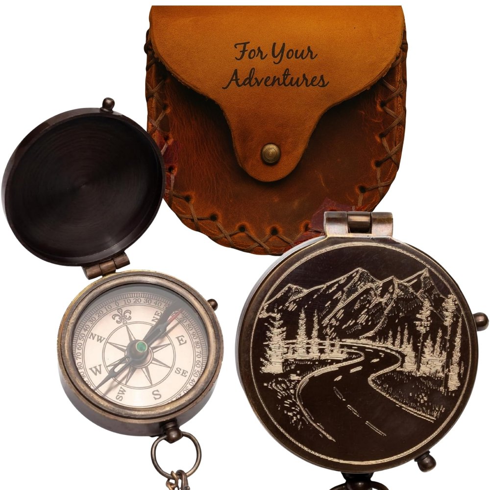 Engraved Compass Gift for Men Vintage Brass Pocket Compass for Hiking, Adventure, and Travel Antique Finish with Leather Case Moon & Stars, or Road Design Gift for Dad, Husband, or Son
