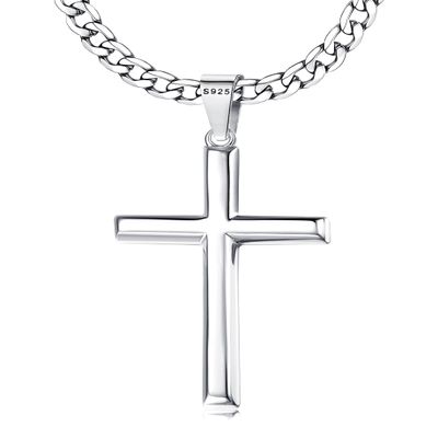 MILACOLATO 925 Sterling Silver Cross Necklace for Men Women - 5mm Durable 316L Stainless Steel Cuban Link Curb Chain with Beveled Edge Cross Pendant, Silver Crucifix Necklaces Jewelry, 26'' Christian Baptism Gift