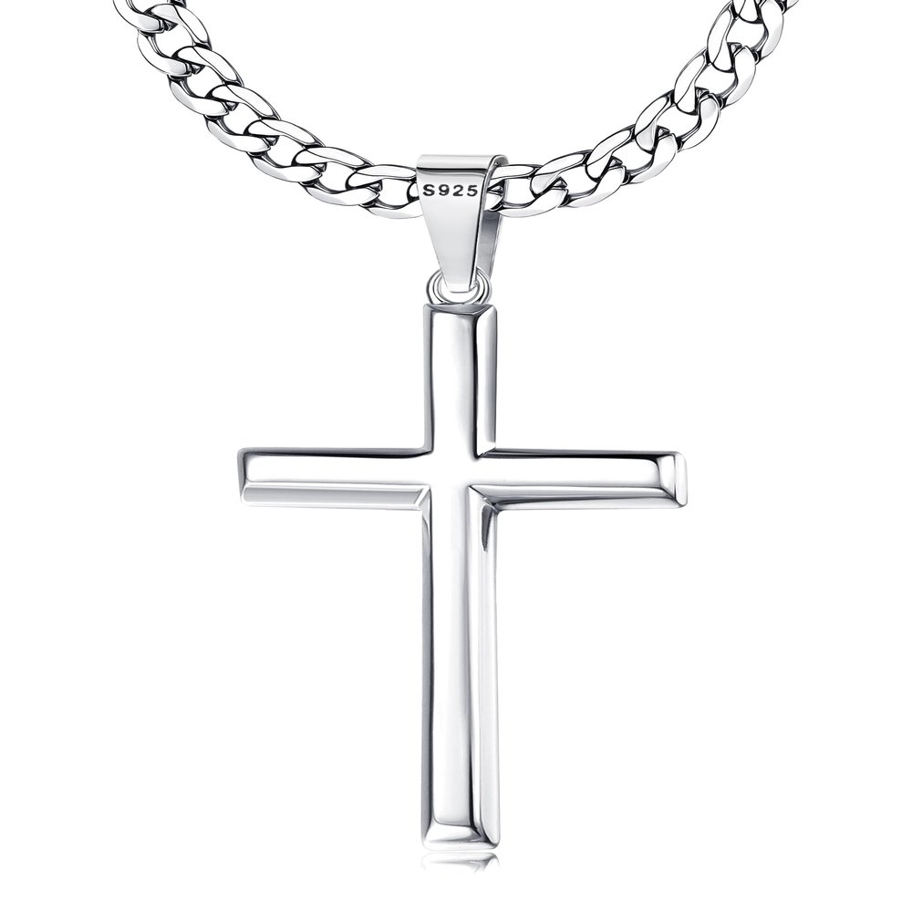 MILACOLATO 925 Sterling Silver Cross Necklace for Men Women - 5mm Durable 316L Stainless Steel Cuban Link Curb Chain with Beveled Edge Cross Pendant, Silver Crucifix Necklaces Jewelry, 26'' Christian Baptism Gift