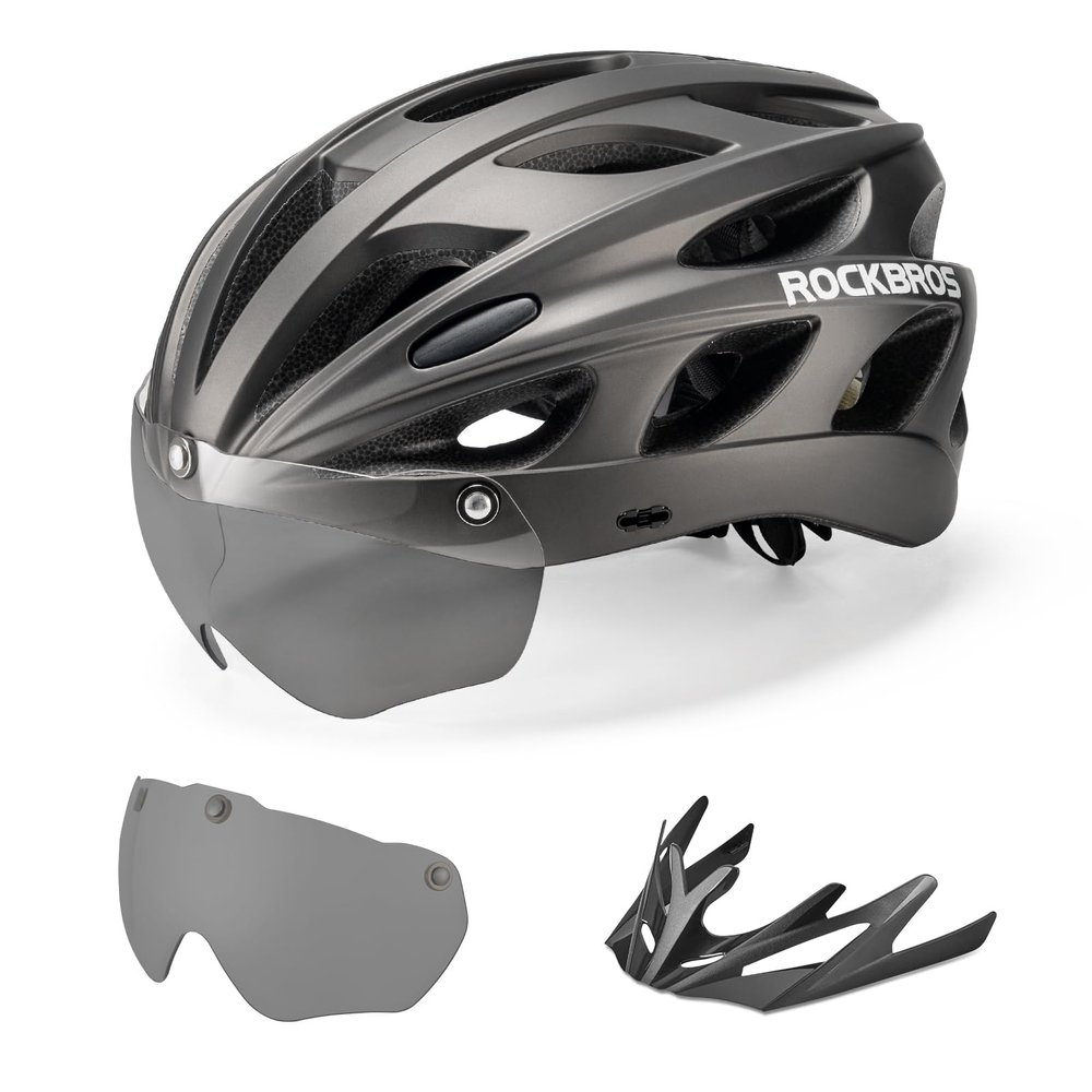 ROCKBROS Bike Helmet for Adult Men Women with Suggested Fit 58-62cm, Removable Goggles & Sun Visor, Lightweight with Adjustable Side and Chin Strap, Suitable for Myopia Glasses