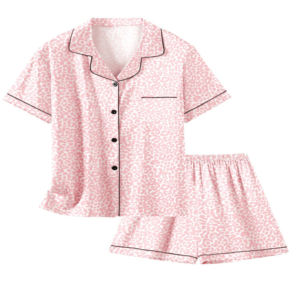 Schbbbta Satin Pajamas Sets for Girls, 2 Pcs Short Sleepwear Silk Button-Down Pj Set Loungewear, Bright Pink Leopard, 13-14 Years = Tag 170