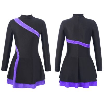 JEATHA Kids Girls Rhinestones Figure Skating Dress Long Sleeve Mock Neck Color Block Dance Leotard Dress Purple 6 Years