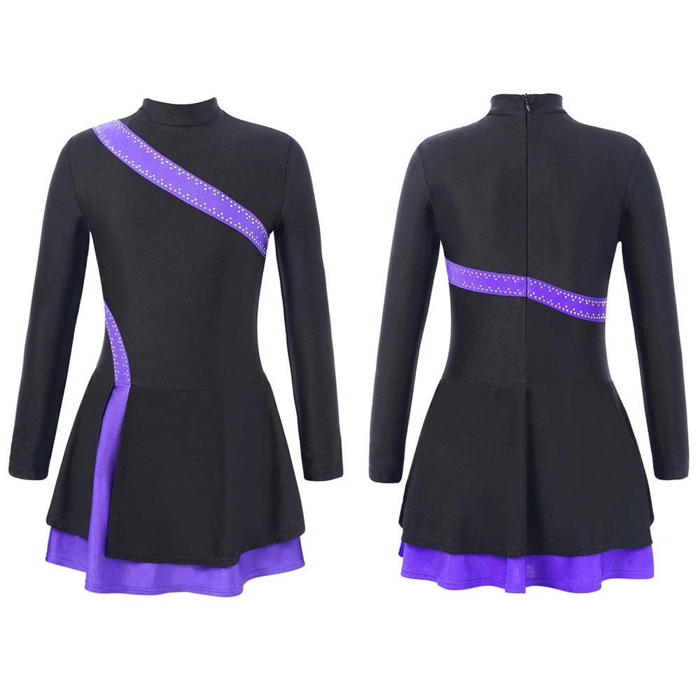JEATHA Kids Girls Rhinestones Figure Skating Dress Long Sleeve Mock Neck Color Block Dance Leotard Dress Purple 6 Years