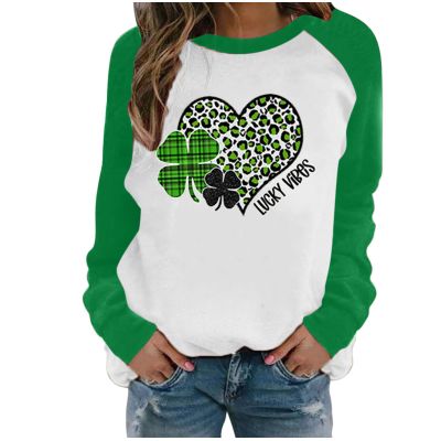Fashion Womens Spring Tops St Patricks Day Shirts Patchwork Long Sleeves Blouse Irish Green Shamrock Graphic Tees Top
