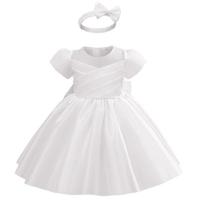AGQT Toddler Girls Party Dress Baby Girls Short Sleeve Big Bow Formal Gown Dress Flower Girls Wedding Baptism Dress with Headband White Size 18-24 Months