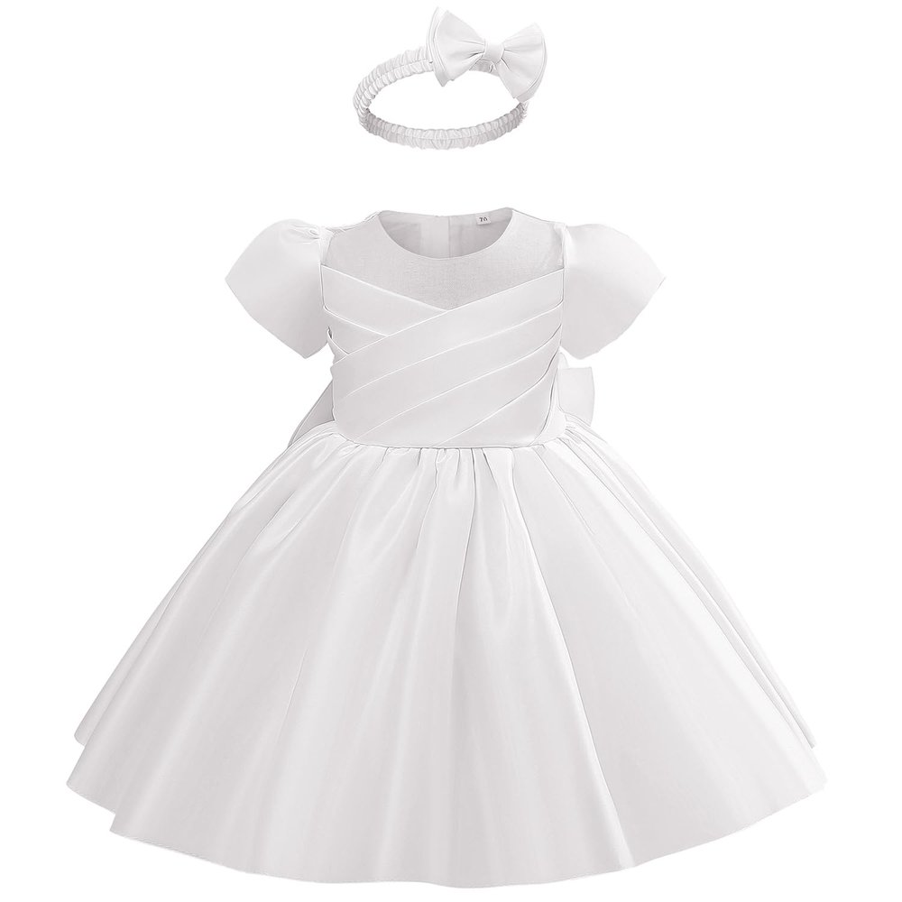 AGQT Toddler Girls Party Dress Baby Girls Short Sleeve Big Bow Formal Gown Dress Flower Girls Wedding Baptism Dress with Headband White Size 18-24 Months