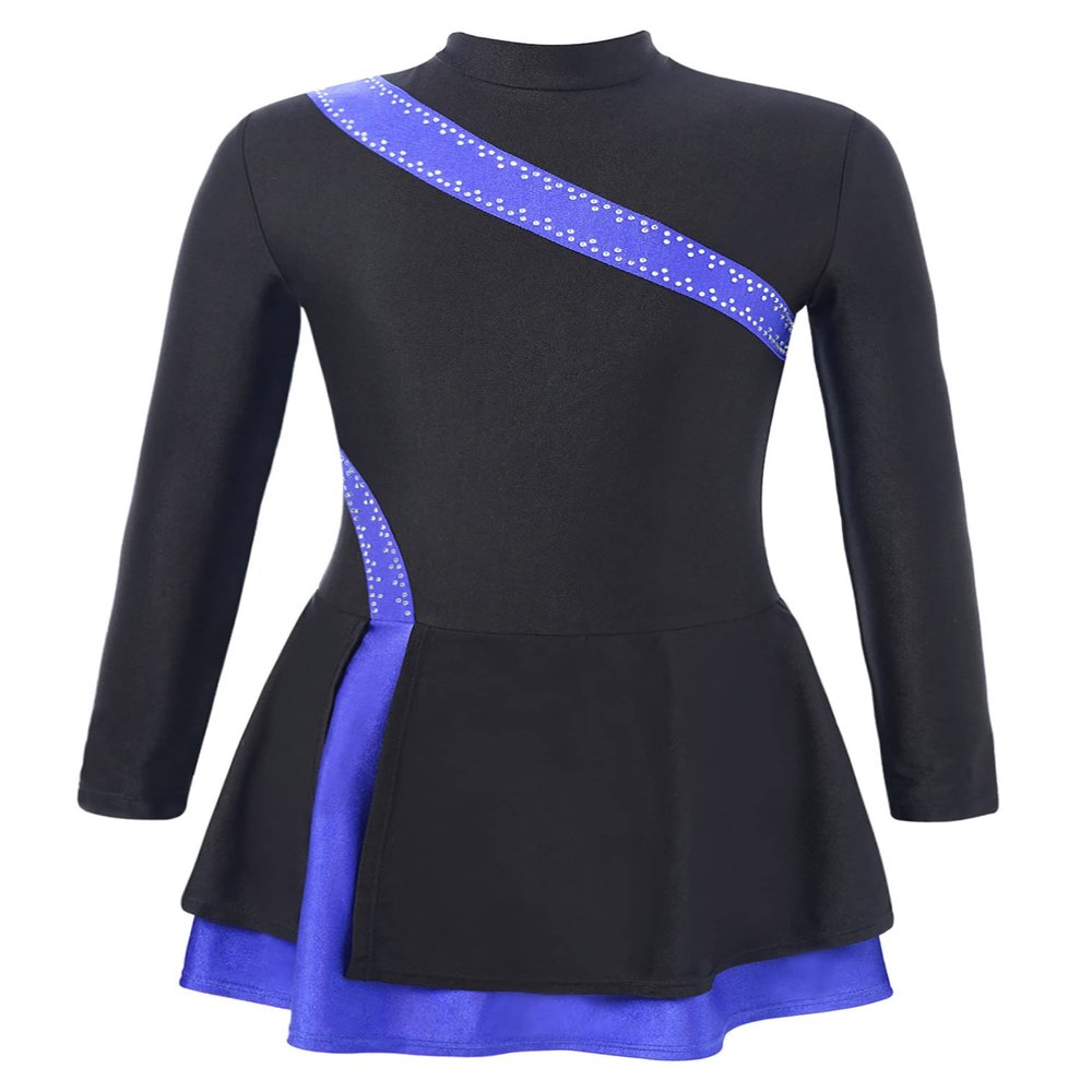 JEATHA Kids Girls Rhinestones Figure Skating Dress Long Sleeve Mock Neck Color Block Dance Leotard Dress Blue 6 Years
