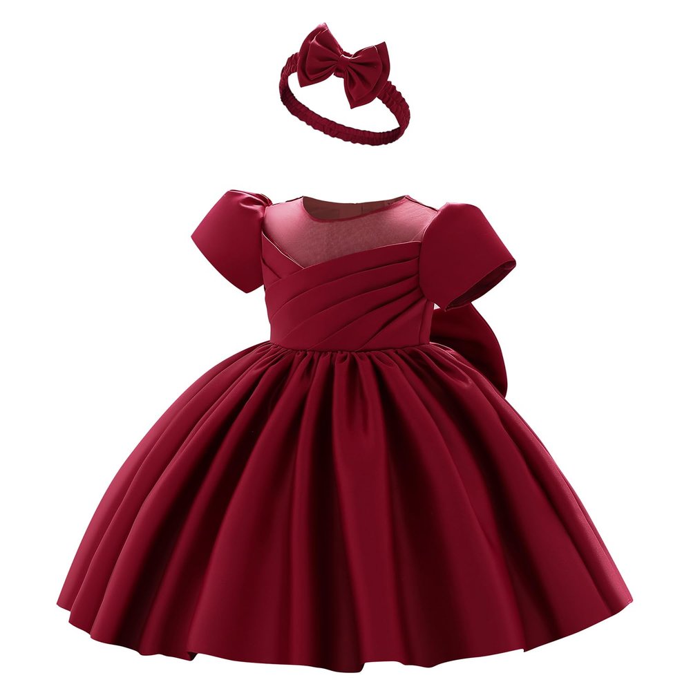 AGQT Toddler Girls Party Dress Baby Girls Short Sleeve Big Bow Formal Gown Dress Flower Girls Wedding Birthday Dress with Headband Claret Red Size 3-4 Years