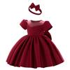 AGQT Toddler Girls Party Dress Baby Girls Short Sleeve Big Bow Formal Gown Dress Flower Girls Wedding Birthday Dress with Headband Claret Red Size 3-4 Years view 1