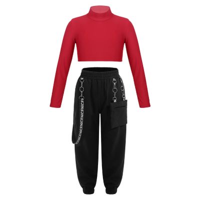 Agoky Girls 2Pcs Dance Outfits Long Sleeve Solid Color Hip Hop Jazz Dance Crop Top and Cargo Pants Casual Tracksuit Sweatsuit Red 14 Years