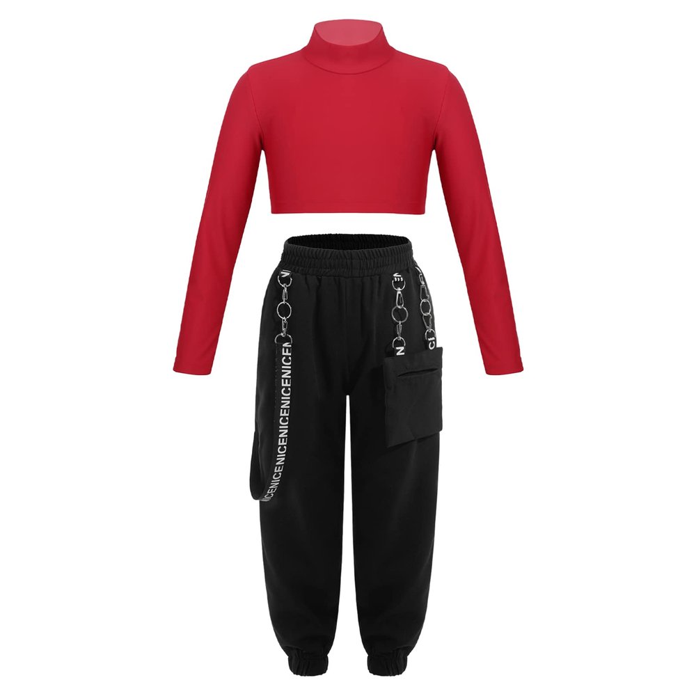 Agoky Girls 2Pcs Dance Outfits Long Sleeve Solid Color Hip Hop Jazz Dance Crop Top and Cargo Pants Casual Tracksuit Sweatsuit Red 14 Years