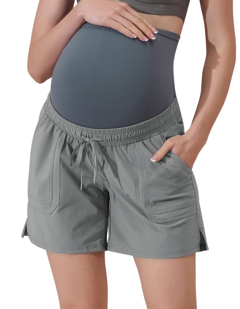 Maacie Maternity Shorts Over Belly Soft Solid Color Stretch Cycling Shorts with Pockets Gray XL