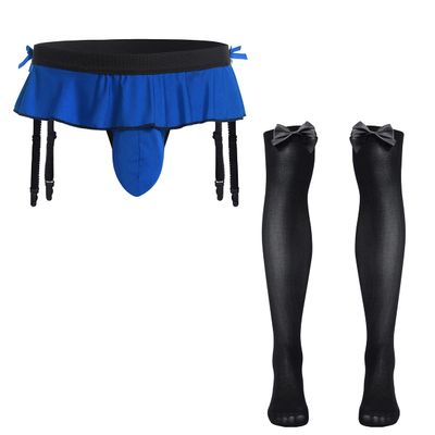 ABAFIP Men's Sissy Lingerie Skirted Garters Belt Panties Bowknot Stockings 2 Piece Crossdressing Underwear Honeymoon Valentine Nightwear set Blue-socks set One Size
