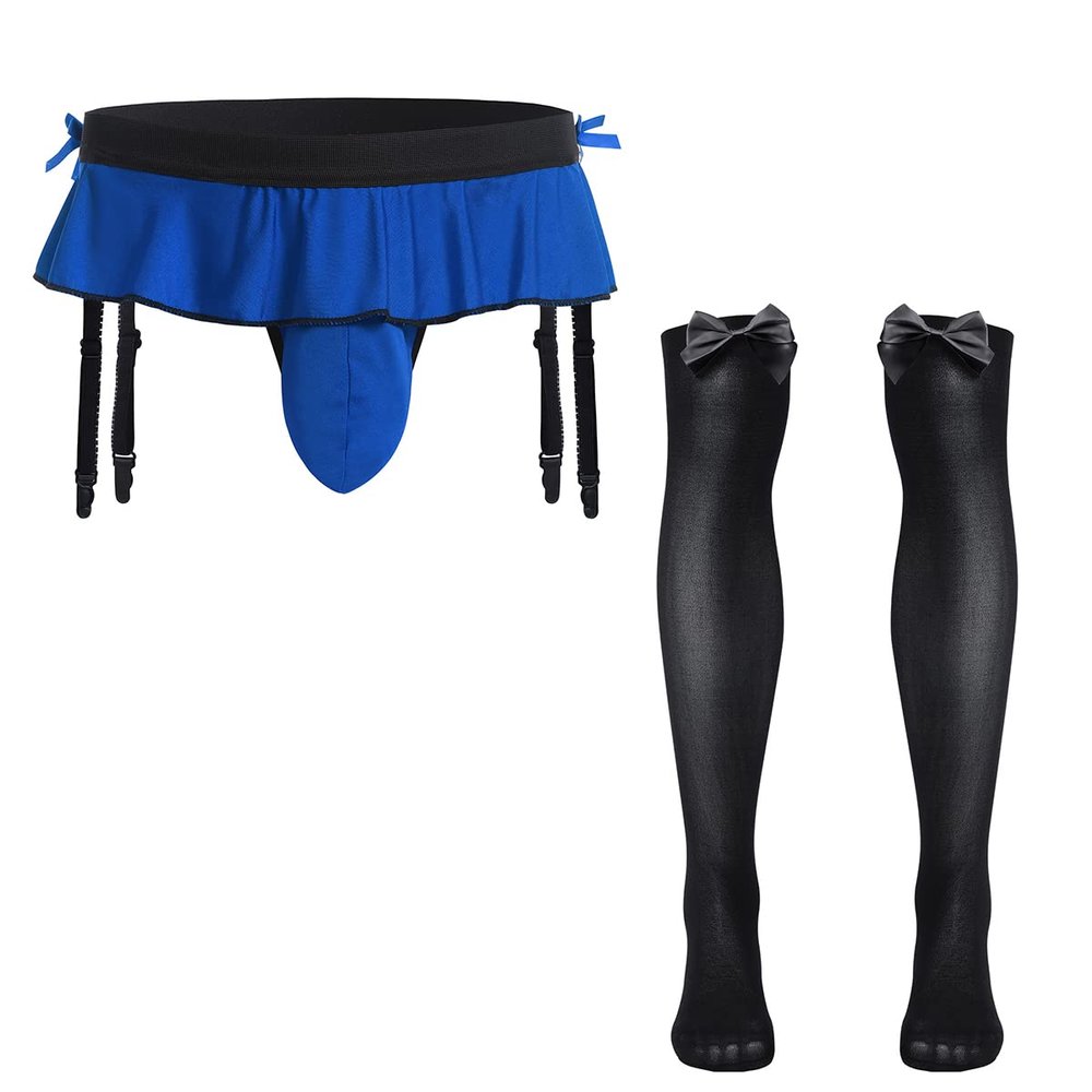 ABAFIP Men's Sissy Lingerie Skirted Garters Belt Panties Bowknot Stockings 2 Piece Crossdressing Underwear Honeymoon Valentine Nightwear set Blue-socks set One Size