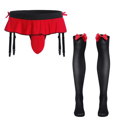 ABAFIP Men's Sissy Lingerie Skirted Garters Belt Panties Bowknot Stockings 2 Piece Crossdressing Underwear Honeymoon Valentine Nightwear set Red-socks set One Size