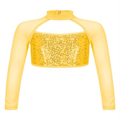 JEATHA Shiny Sequin Crop Top for Girls Long Sleeve Mock Neck Jazz Hip Hop Ballet Dance Tops Dancewear Gold 16 Years