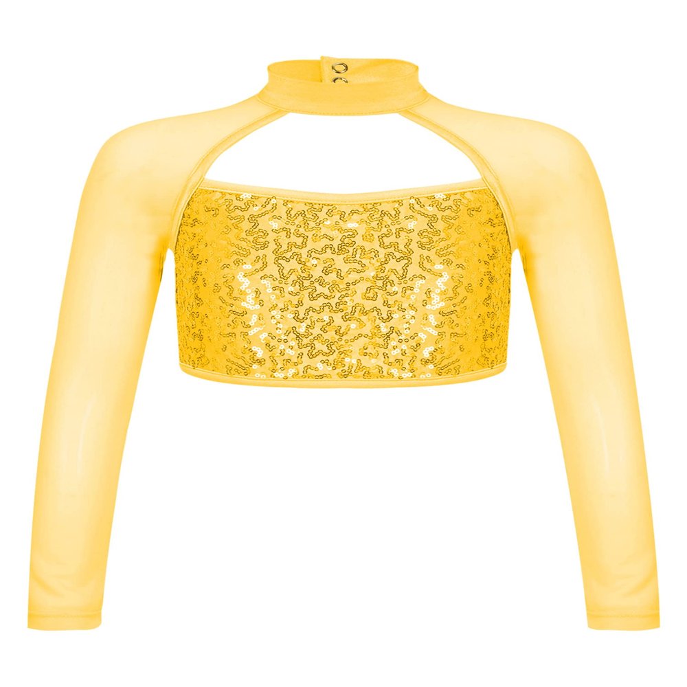 JEATHA Shiny Sequin Crop Top for Girls Long Sleeve Mock Neck Jazz Hip Hop Ballet Dance Tops Dancewear Gold 16 Years