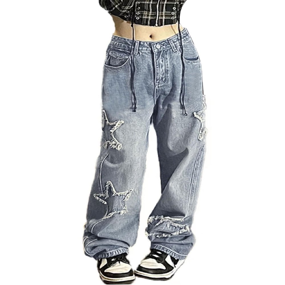 Kisswow Star Y2K Baggy Jeans for Women  High-Waist Distressed Denim Cargo Pants with Star Patch, Light Wash Retro Streetwear for Teens & Women