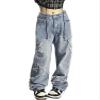 Kisswow Star Y2K Baggy Jeans for Women  High-Waist Distressed Denim Cargo Pants with Star Patch, Light Wash Retro Streetwear for Teens & Women view 1