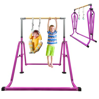 GLANT Gymnastics Bar for Kids with Rings Set, 7 Heights Adjustable Easy Folding Gymnastic Training Bar Kids Monkey Horizontal Bars - Max Load 300LBS (Purple)