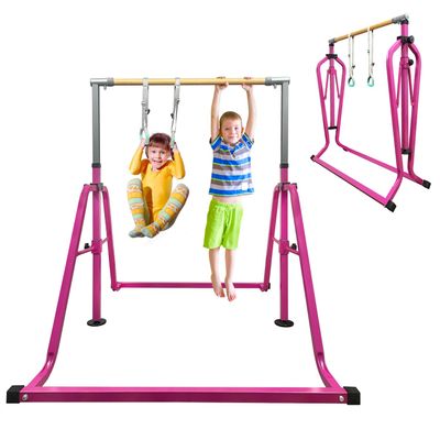 GLANT Gymnastics Bar for Kids with Rings Set, 7 Heights Adjustable Easy Folding Gymnastic Training Bar Kids Monkey Horizontal Bars - Max Load 300LBS (Pink)