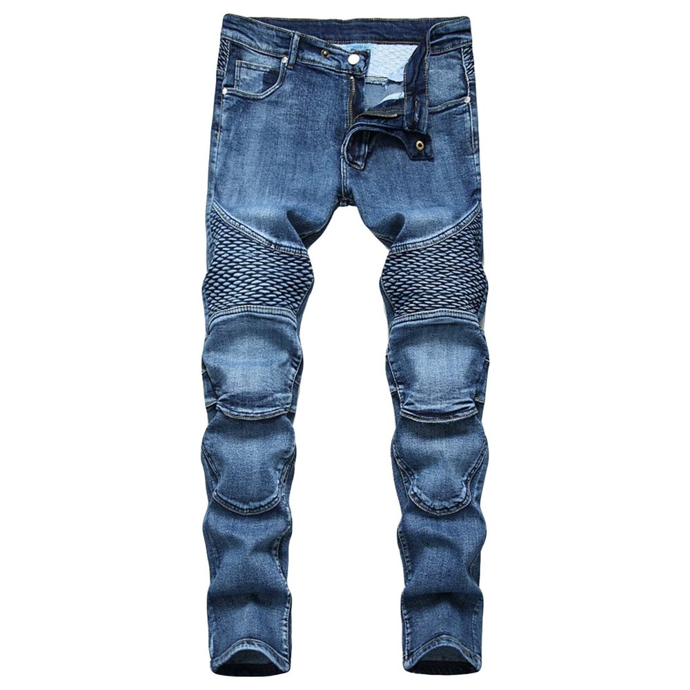 JEsilunmaMY Men's Slim Fit Biker Jeans Mid Waist Patchwork Stretch Skinny Denim Pants Washed Distressed Straight Leg Jeans (Blue,30)