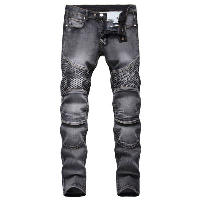 JEsilunmaMY Men's Slim Fit Biker Jeans Mid Waist Patchwork Stretch Skinny Denim Pants Washed Distressed Straight Leg Jeans (Grey,36)