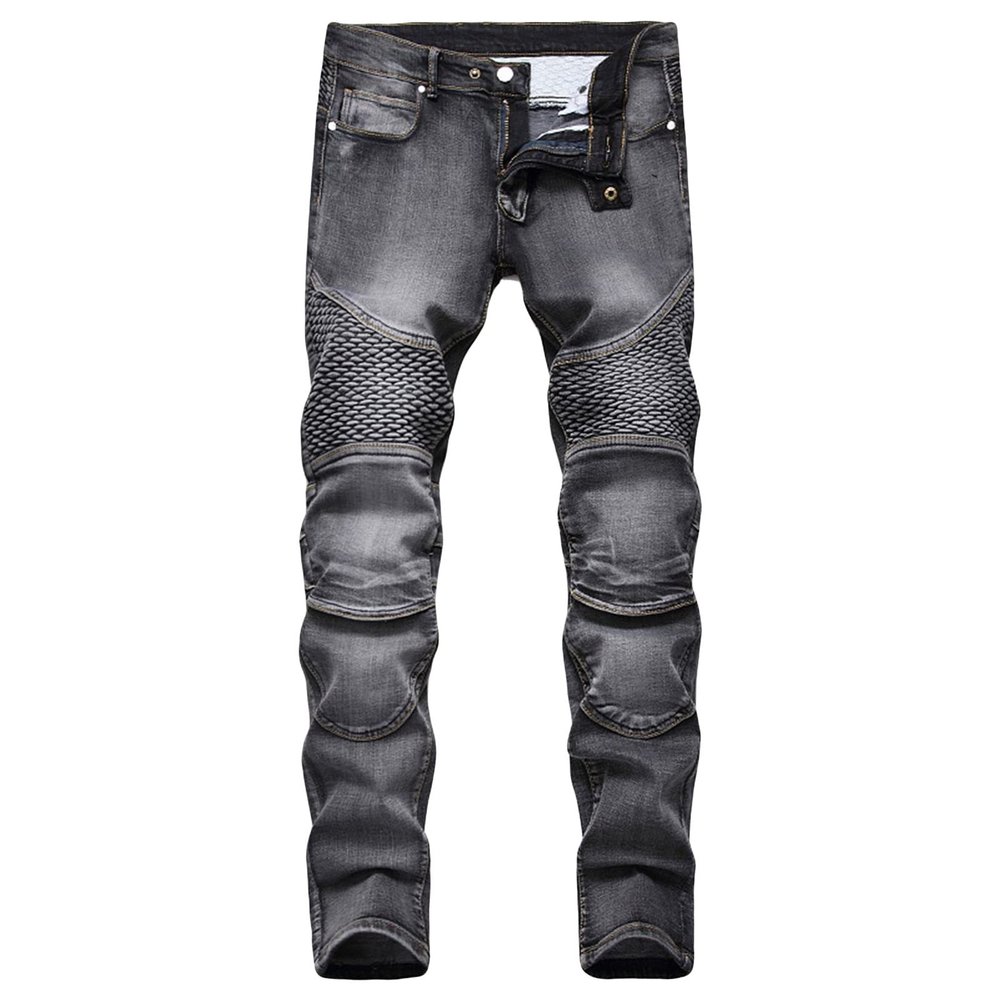 JEsilunmaMY Men's Slim Fit Biker Jeans Mid Waist Patchwork Stretch Skinny Denim Pants Washed Distressed Straight Leg Jeans (Grey,36)