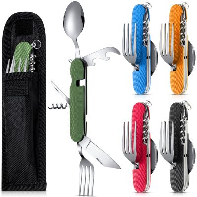 Tessco for you 5 Set 6 in 1 Camping Utensil, Portable Stainless Steel Multifunction Flatware Spoon Fork Knife Bottle Opener Combo Mess Kit with Carrying Pouch, Cutlery for Travel Backpacking Outdoor
