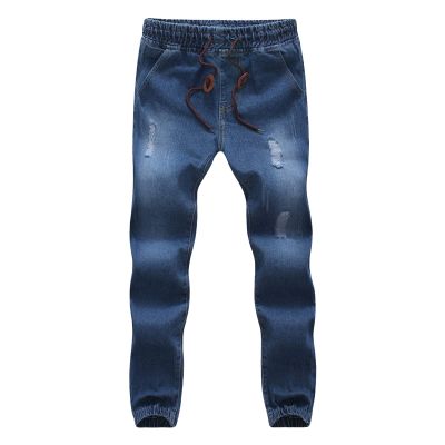 JEsilunmaMY Men's Plus Size Pencil Jeans Drawstring Elastic Waist Straight Denim Pants Washed Distressed Casual Jeans Pants (Dark Blue,3XL)
