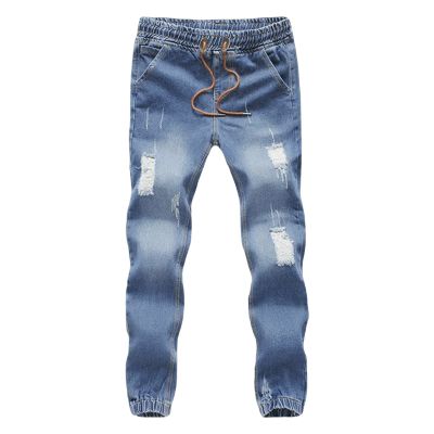 JEsilunmaMY Men's Summer Harem Jeans Drawstring Elastic Waist Ripped Pencil Denim Pants Wash Distressed Casual Cropped Jeans (Dark Blue,X-Large)